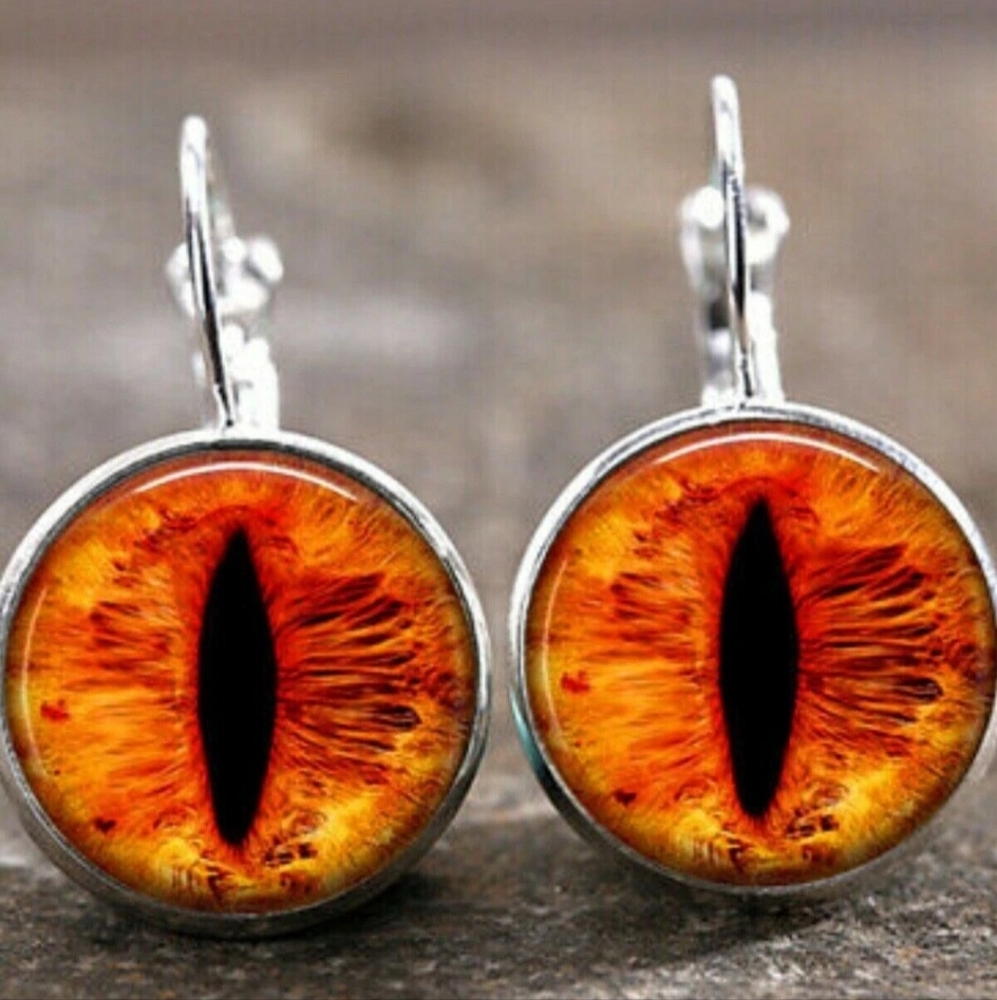 New Orange Dragon Eyes Glass Cabochon Silver Lever Back Earrings.